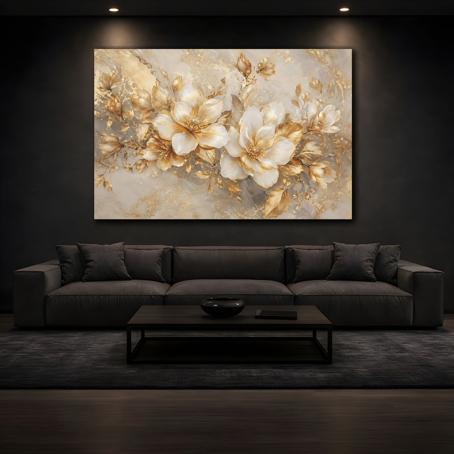 Mockup 3. Floral Golden Flowers Gold And White Floral shown as stretched canvas wall art
