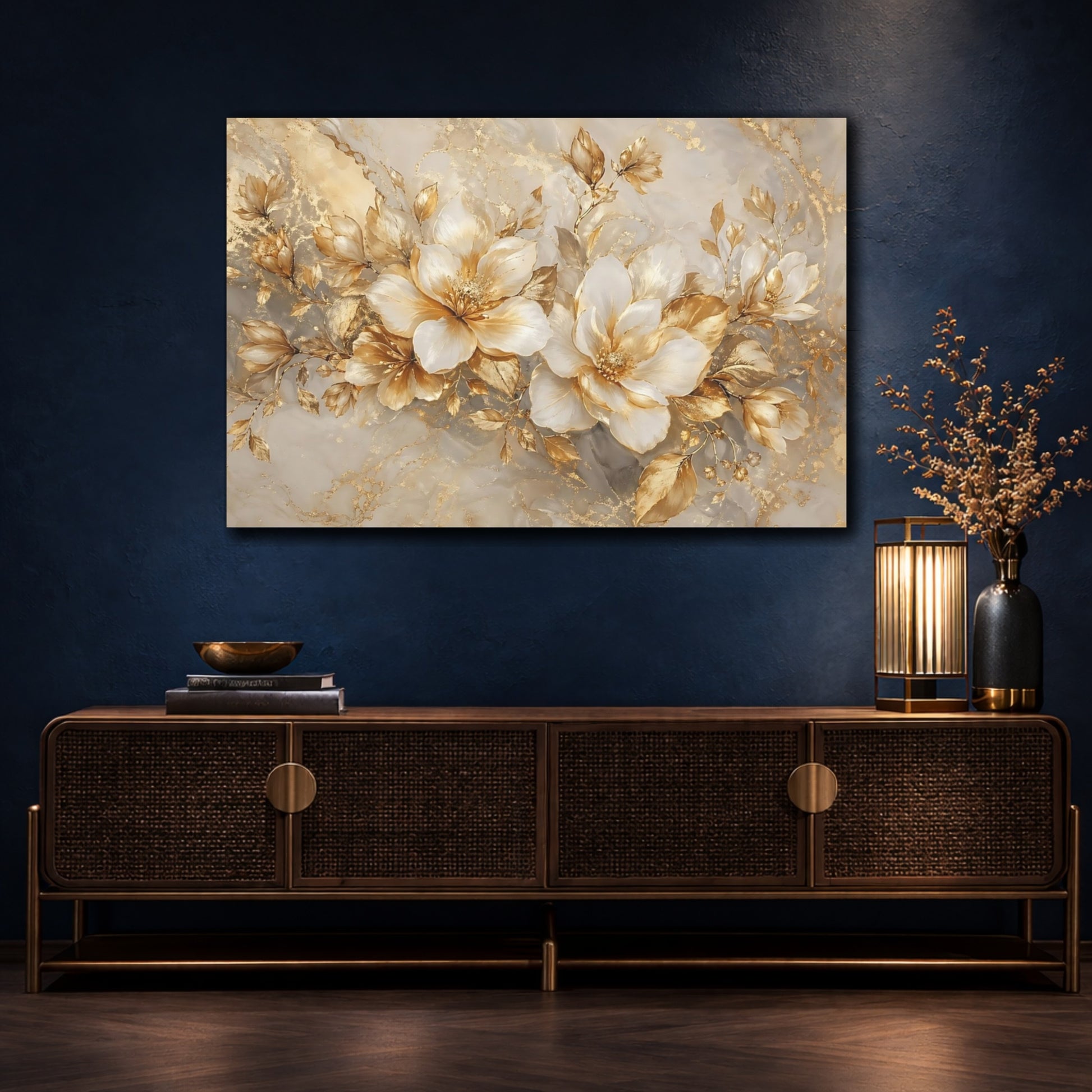 Mockup 4. Floral Golden Flowers Gold And White Floral shown as stretched canvas wall art