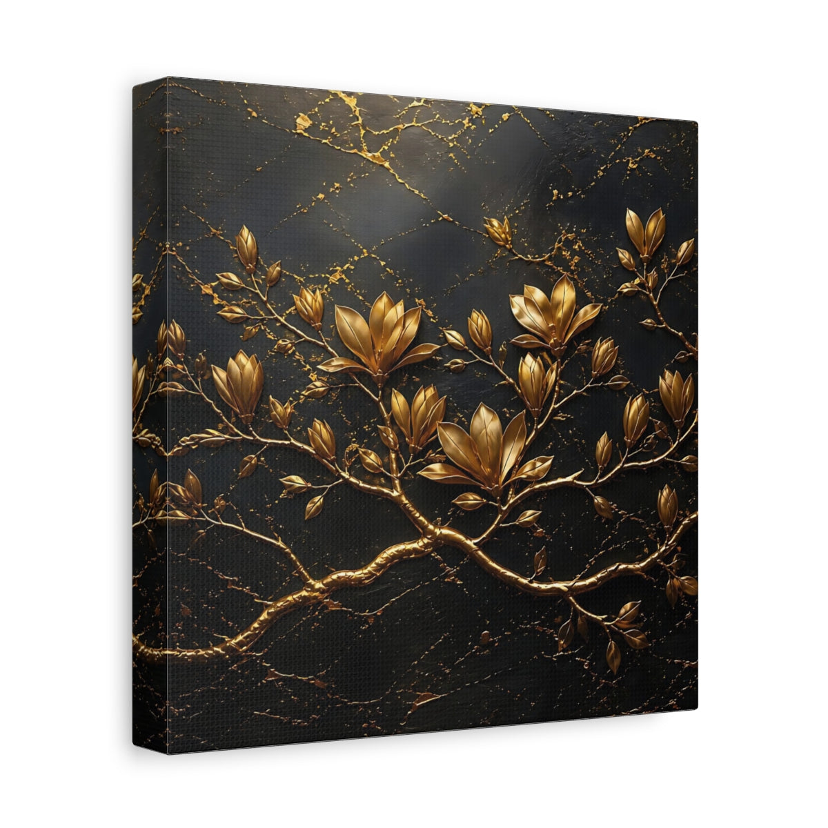 Side Mockup 9. Floral Golden Flowers Gold Floral Dark shown as stretched canvas wall art