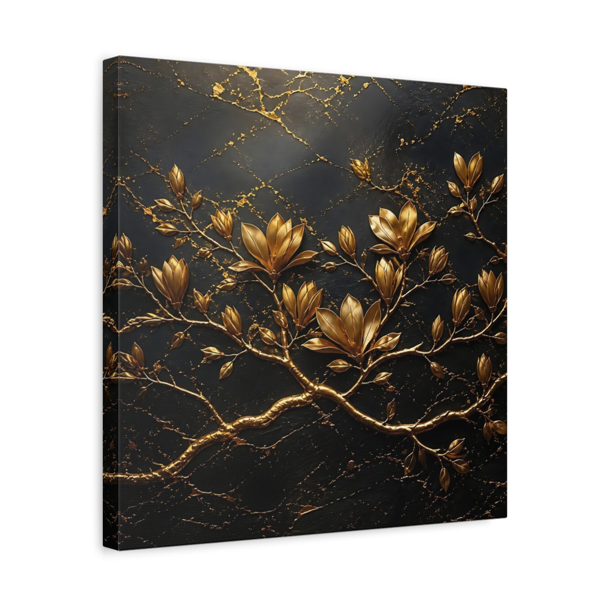 Side Mockup 6. Floral Golden Flowers Gold Floral Dark shown as stretched canvas wall art