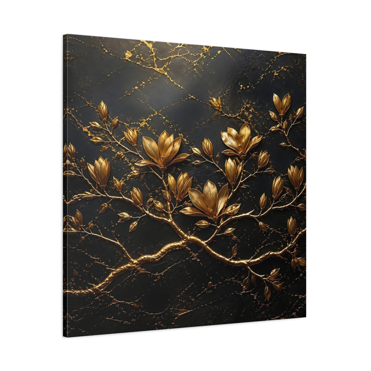 Side Mockup 1. Floral Golden Flowers Gold Floral Dark shown as stretched canvas wall art