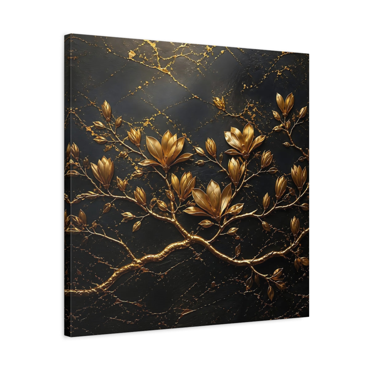 Side Mockup 4. Floral Golden Flowers Gold Floral Dark shown as stretched canvas wall art