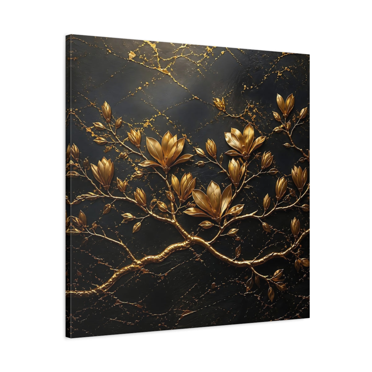 Side Mockup 3. Floral Golden Flowers Gold Floral Dark shown as stretched canvas wall art