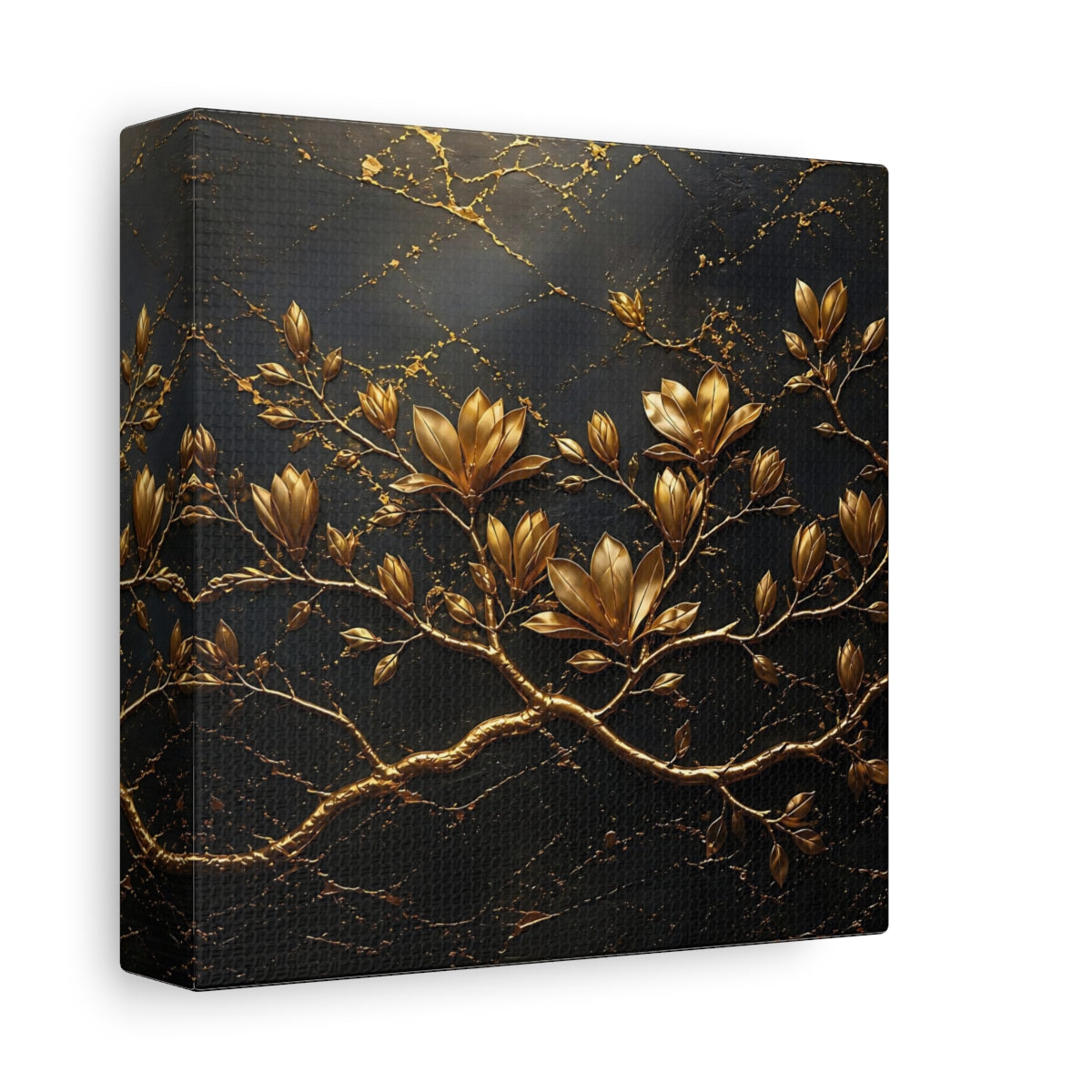 Side Mockup 2. Floral Golden Flowers Gold Floral Dark shown as stretched canvas wall art