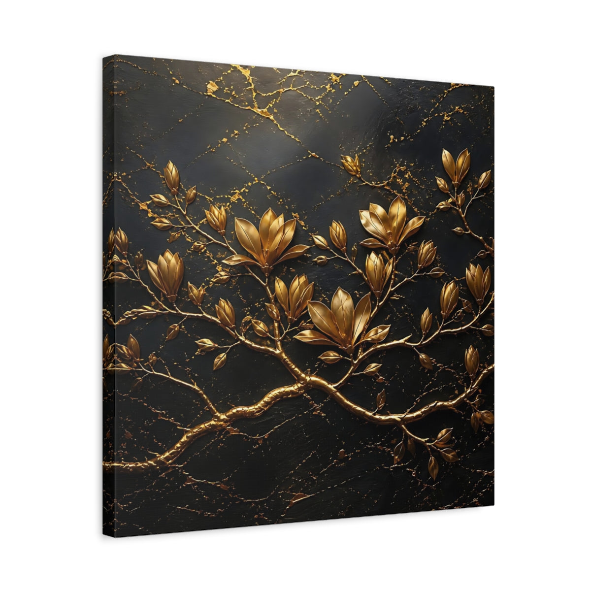 Side Mockup 5. Floral Golden Flowers Gold Floral Dark shown as stretched canvas wall art