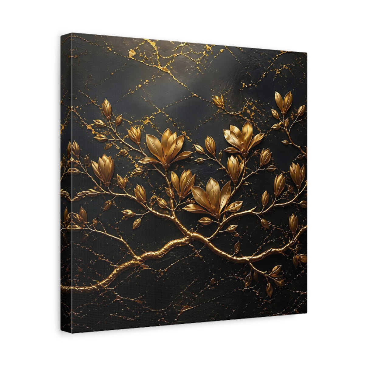 Side Mockup 7. Floral Golden Flowers Gold Floral Dark shown as stretched canvas wall art