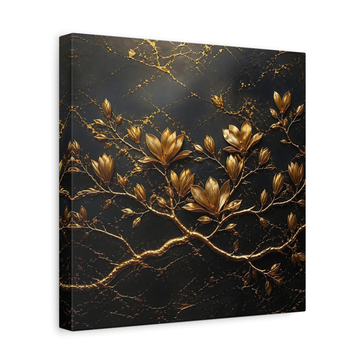 Side Mockup 8. Floral Golden Flowers Gold Floral Dark shown as stretched canvas wall art