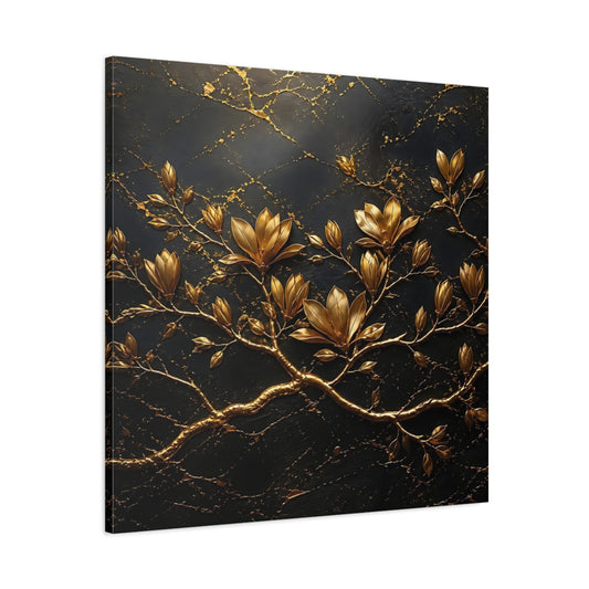 Main Mockup. Floral Golden Flowers Gold Floral Dark shown as stretched canvas wall art