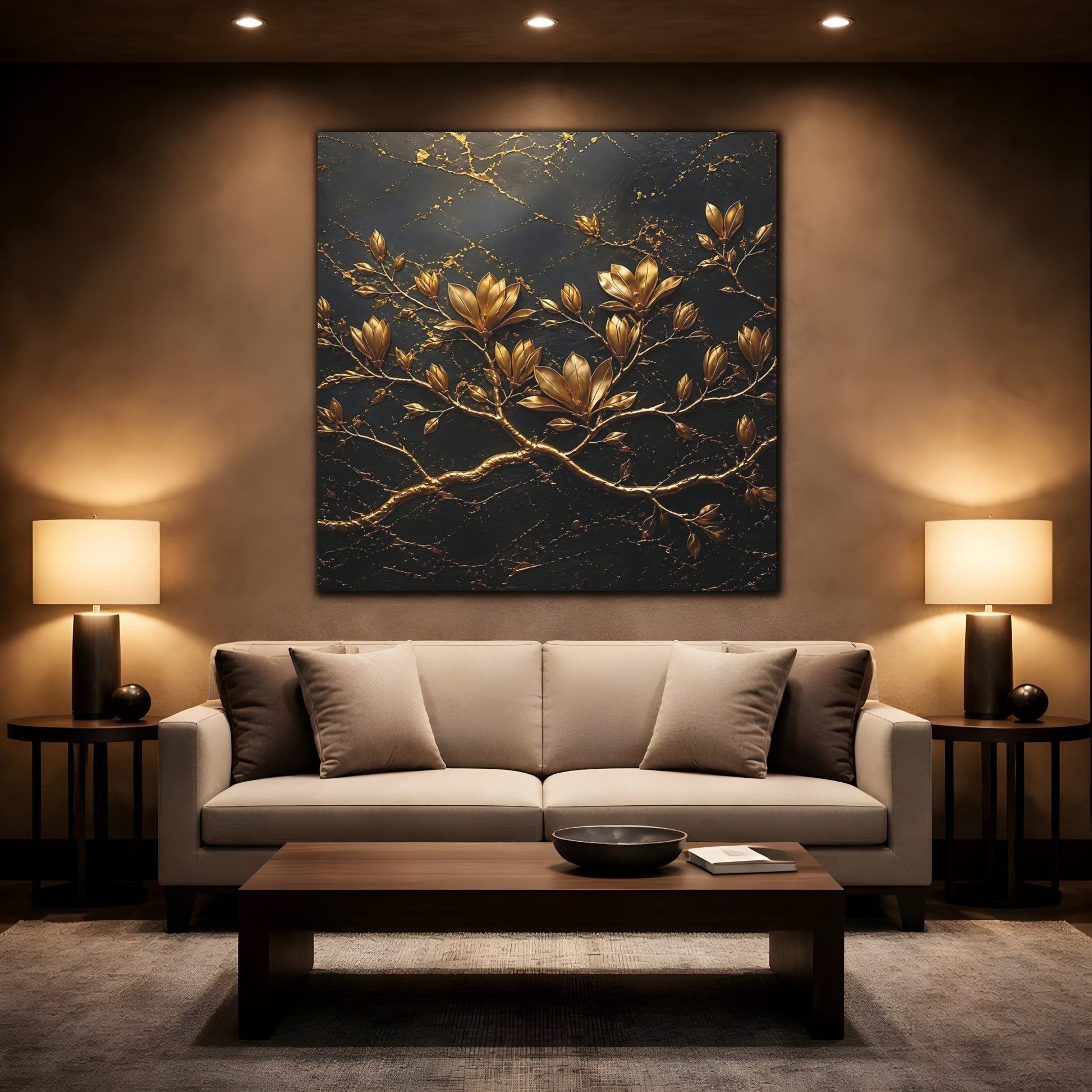 Mockup 2. Floral Golden Flowers Gold Floral Dark shown as stretched canvas wall art