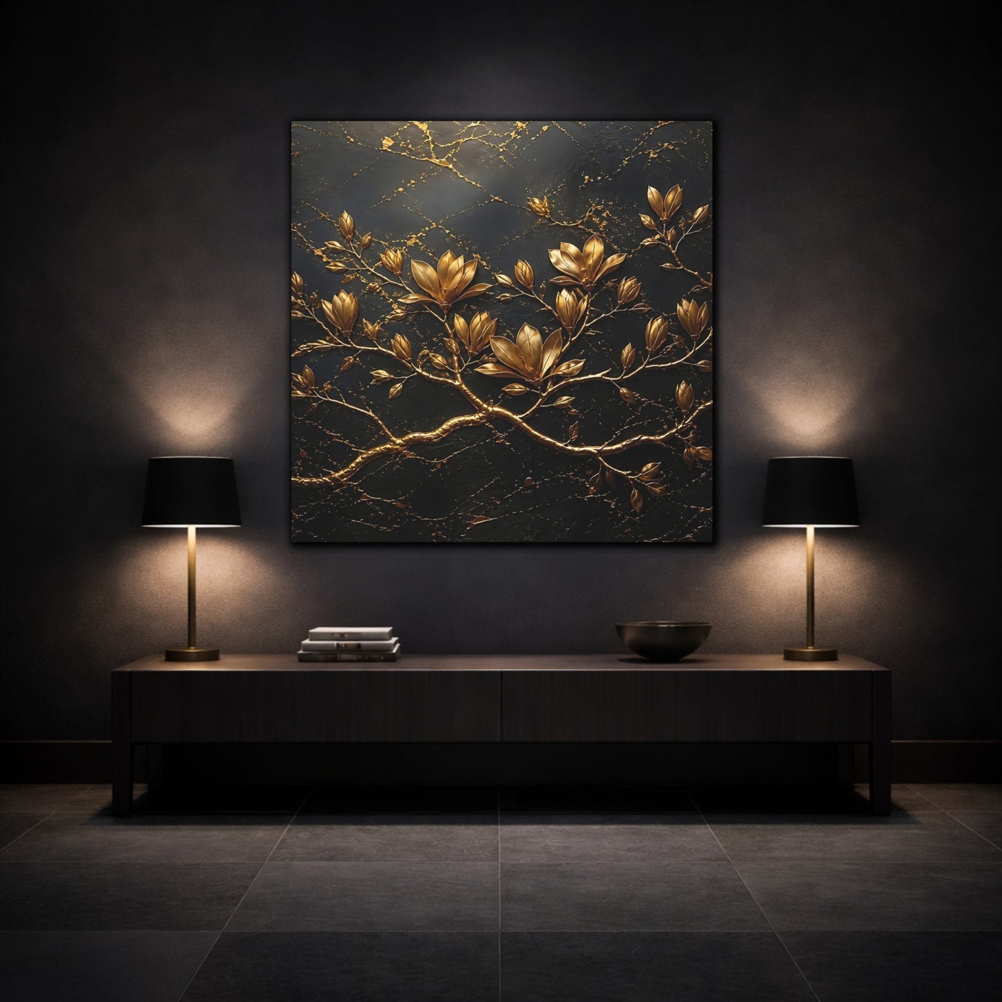 Mockup 3. Floral Golden Flowers Gold Floral Dark shown as stretched canvas wall art