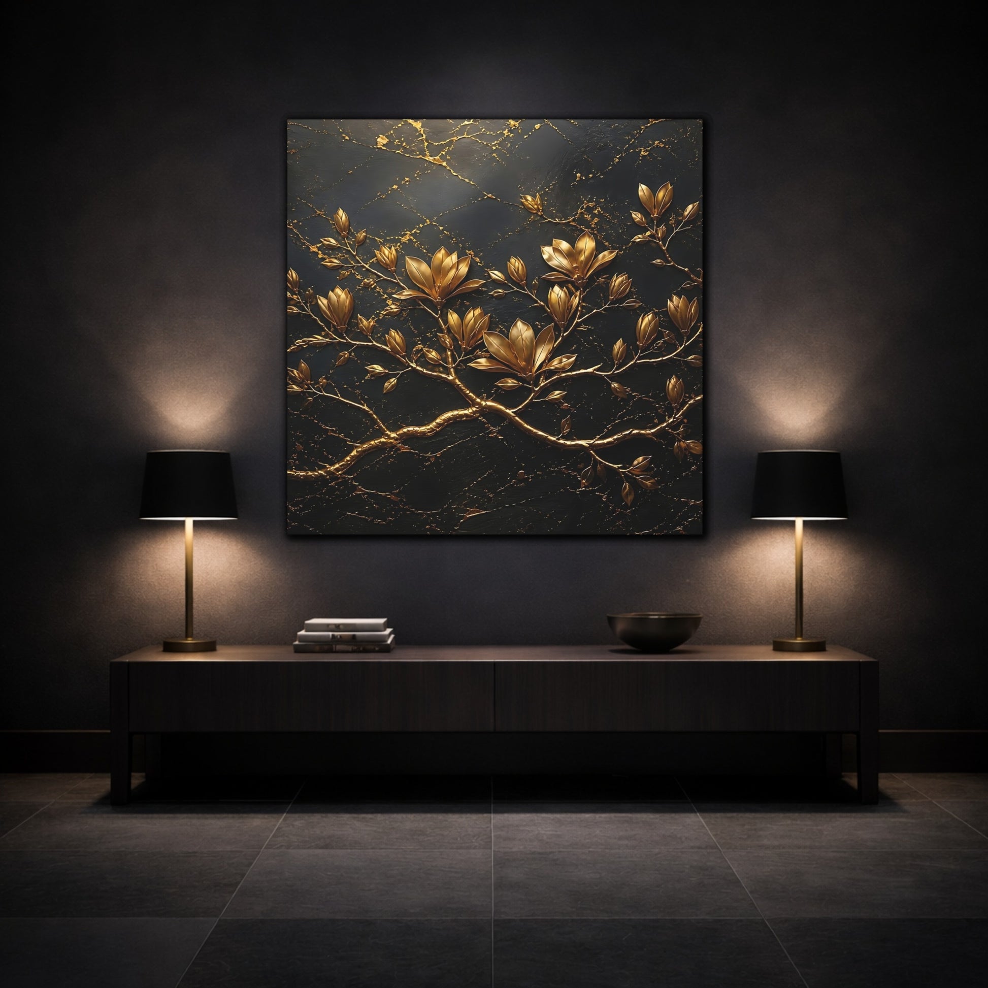 Mockup 3. Floral Golden Flowers Gold Floral Dark shown as stretched canvas wall art