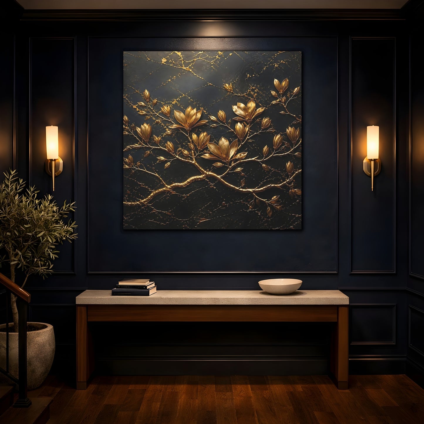 Mockup 4. Floral Golden Flowers Gold Floral Dark shown as stretched canvas wall art