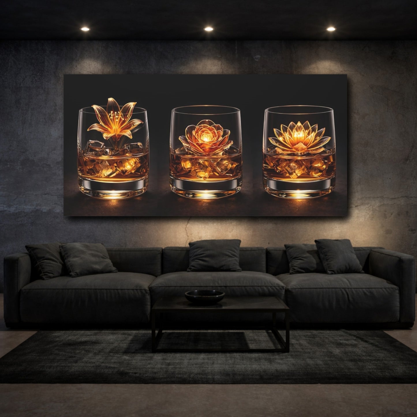 Mockup 2. Floral Golden Flowers Golden Floral shown as stretched canvas wall art