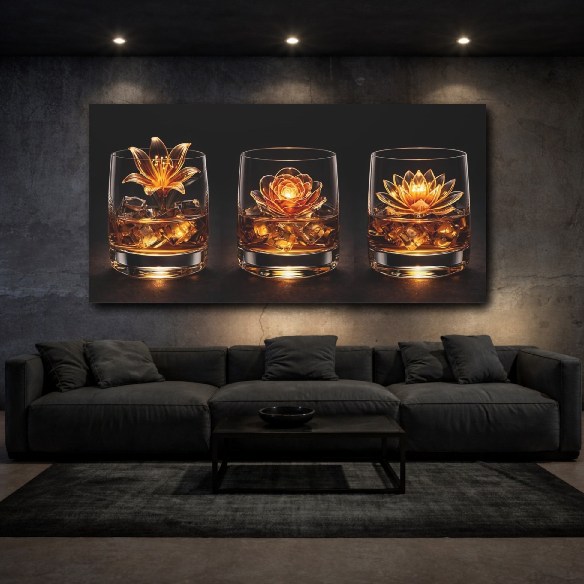 Mockup 2. Floral Golden Flowers Golden Floral shown as stretched canvas wall art