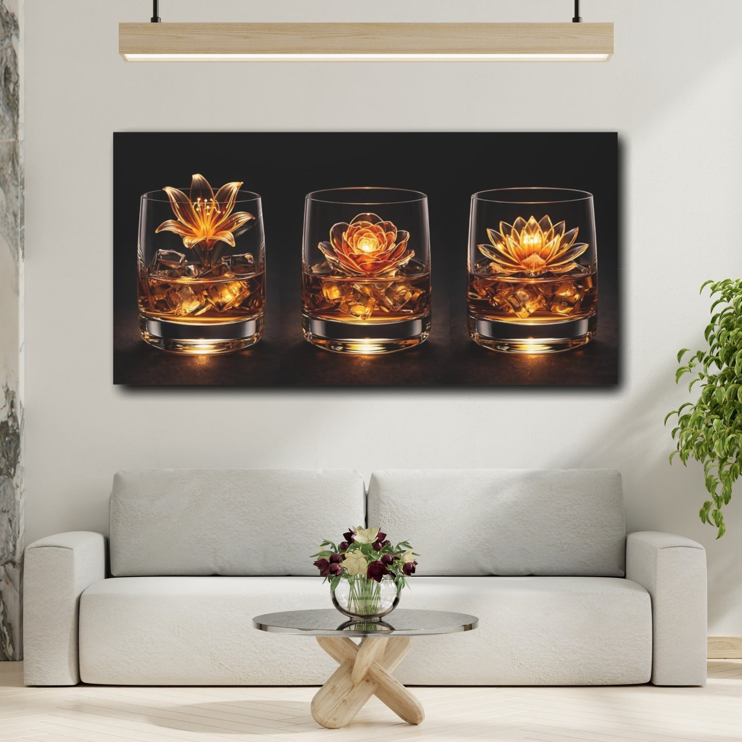 Mockup 3. Floral Golden Flowers Golden Floral shown as stretched canvas wall art