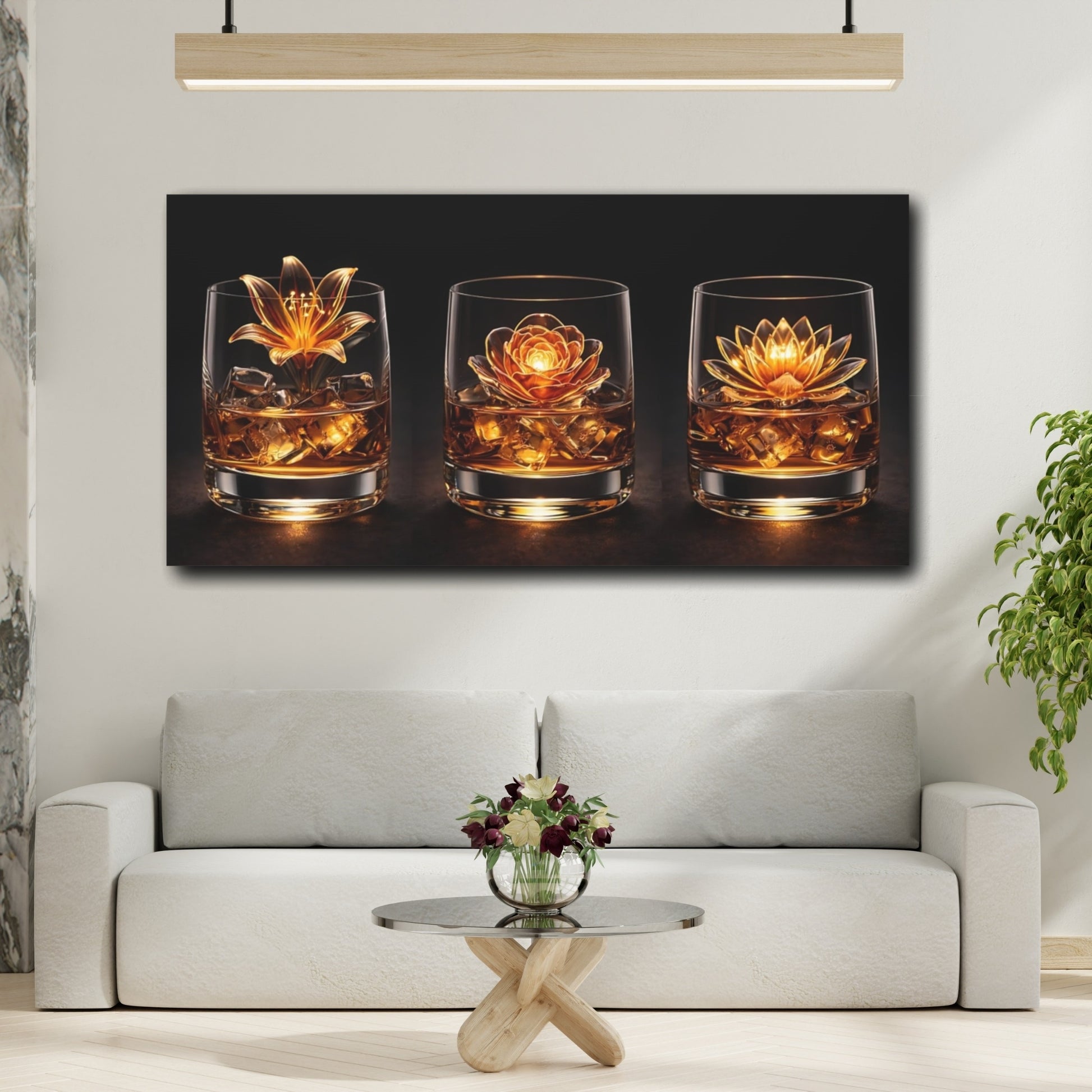 Mockup 3. Floral Golden Flowers Golden Floral shown as stretched canvas wall art