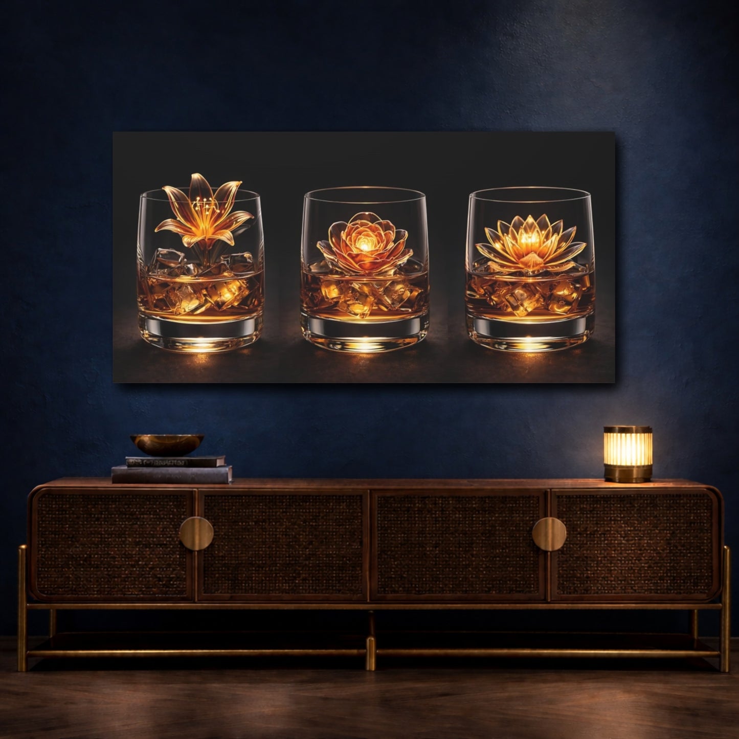 Mockup 4. Floral Golden Flowers Golden Floral shown as stretched canvas wall art