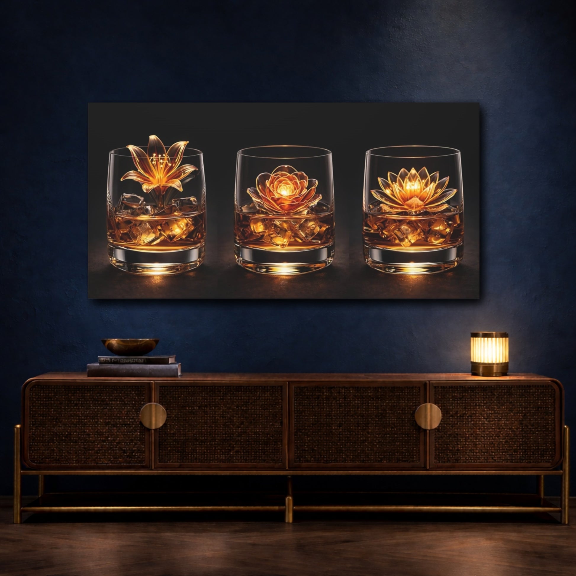 Mockup 4. Floral Golden Flowers Golden Floral shown as stretched canvas wall art