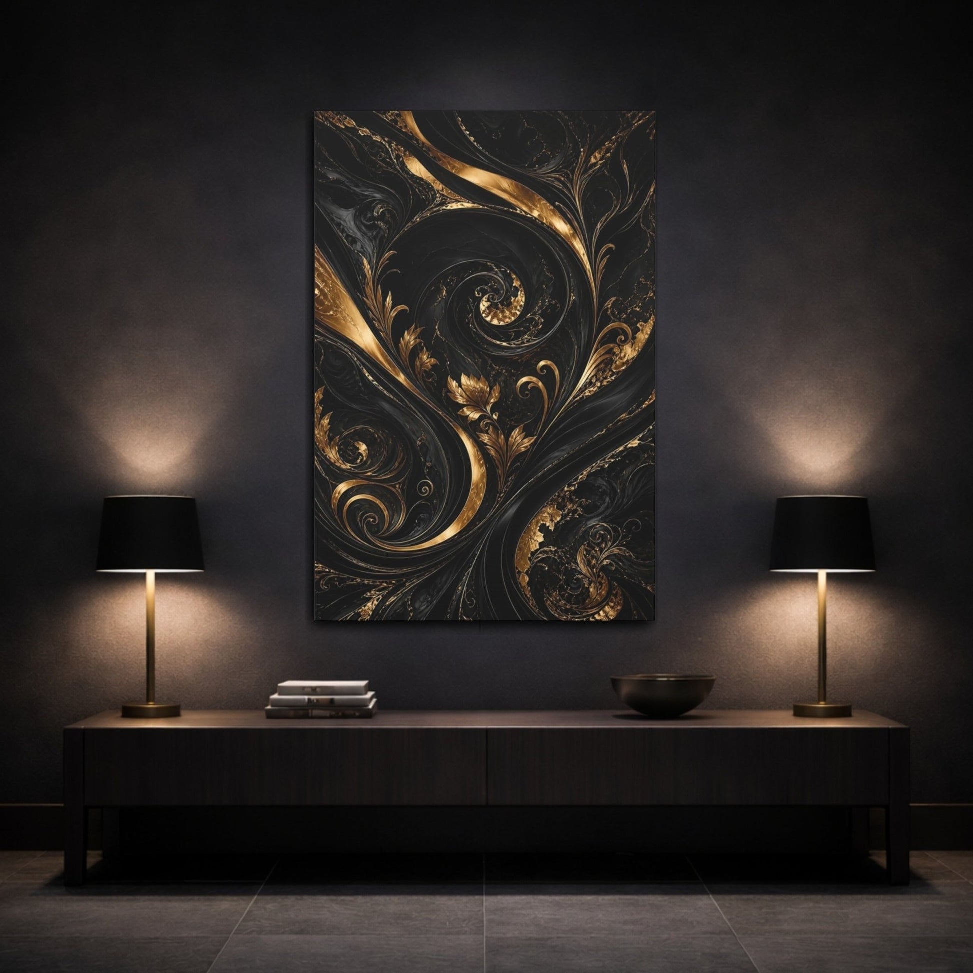 Floral Golden Foliage Black And Gold Canvas Wall Art Print – Living Room Decor, Large - YesArtYes