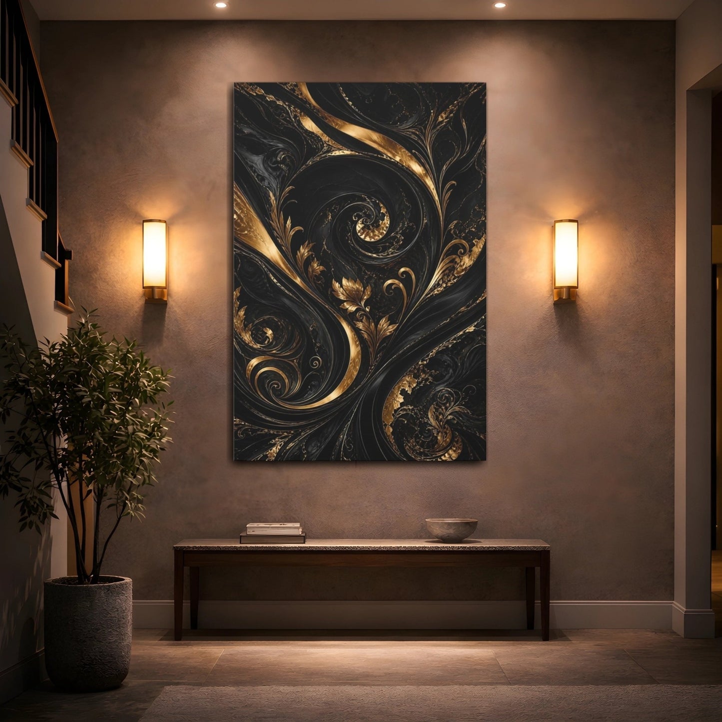 Floral Golden Foliage Black And Gold Canvas Wall Art Print – Living Room Decor, Large - YesArtYes