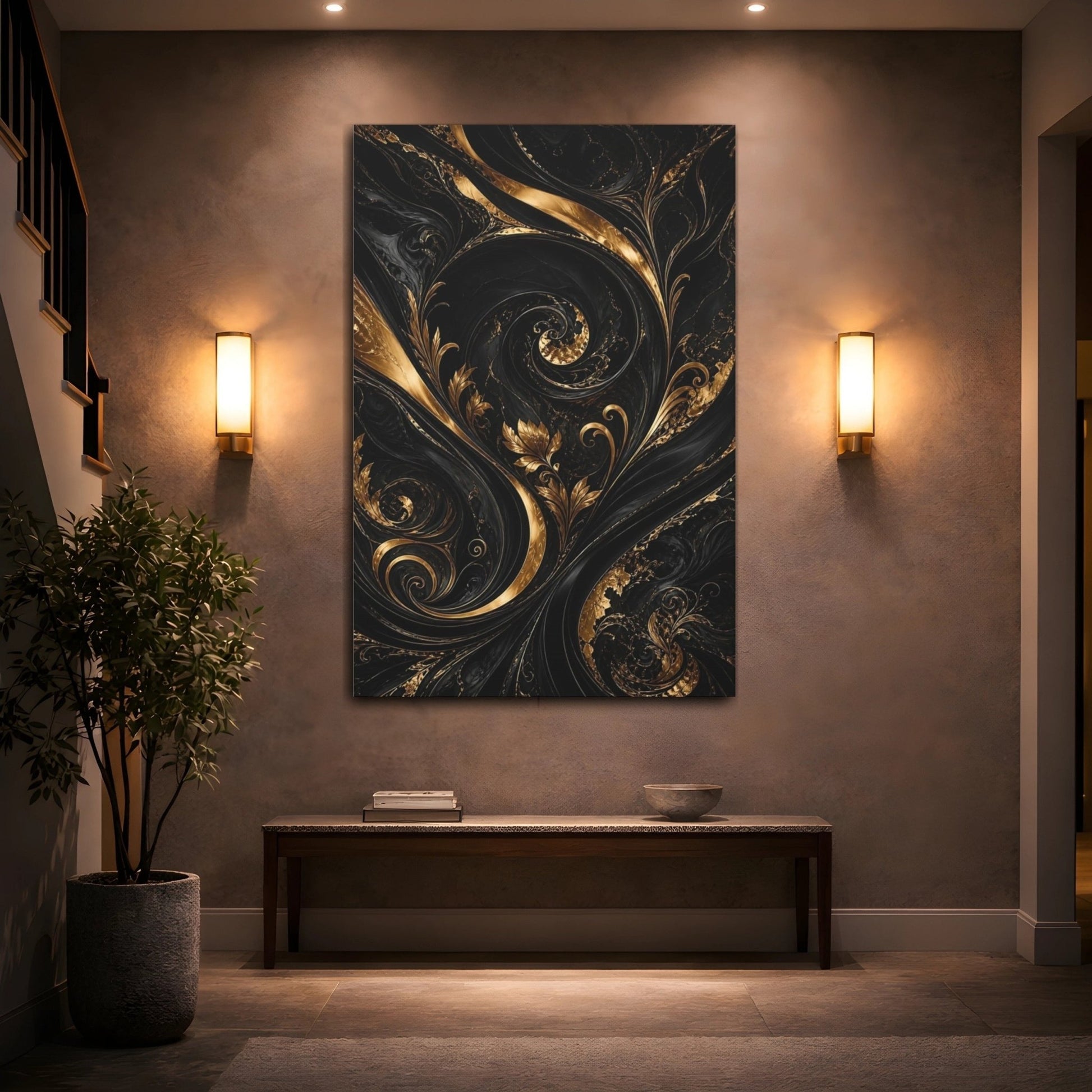 Floral Golden Foliage Black And Gold Canvas Wall Art Print – Living Room Decor, Large - YesArtYes