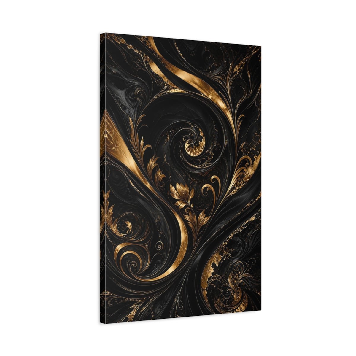 Floral Golden Foliage Black And Gold Canvas Wall Art Print – Living Room Decor, Large - YesArtYes