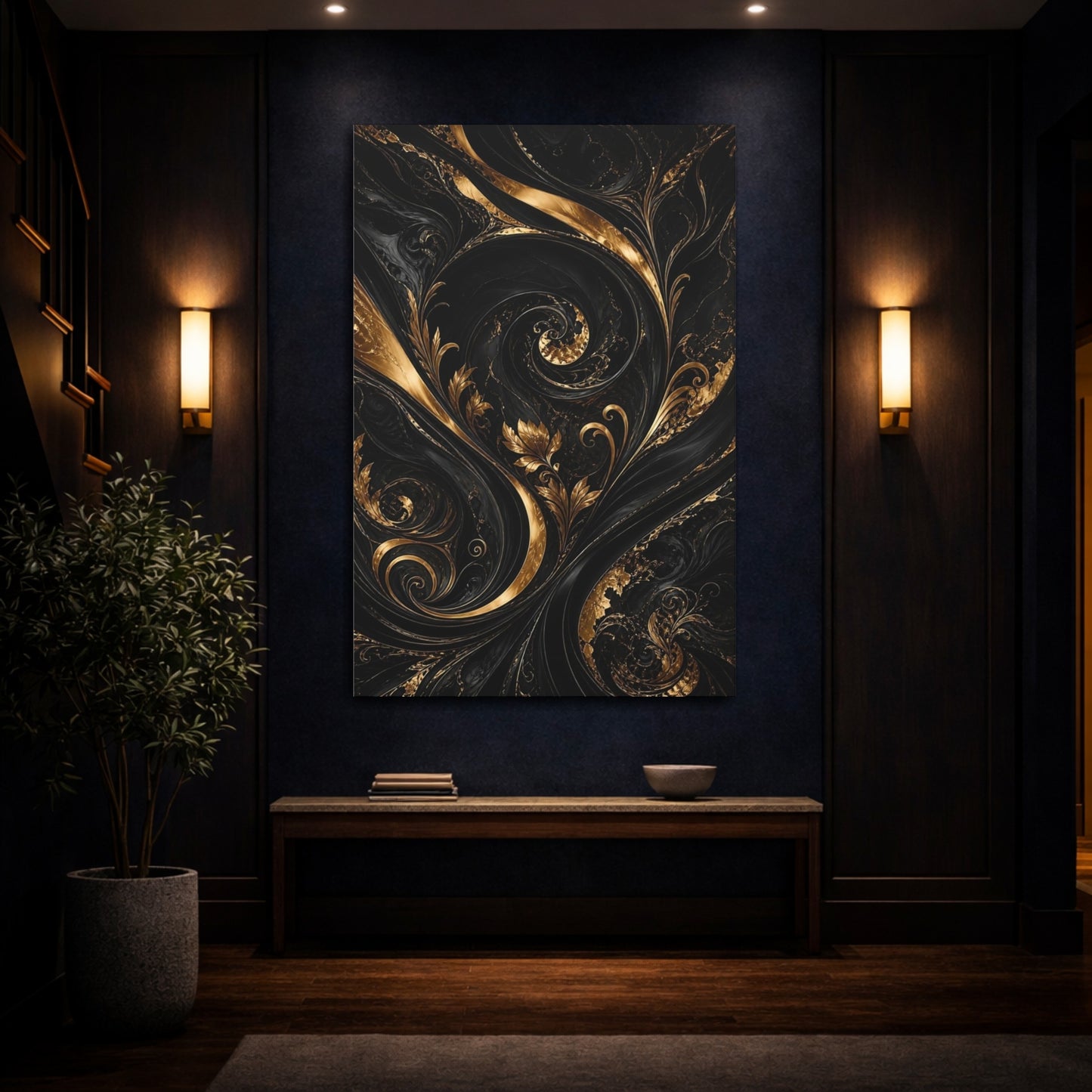 Mockup 4. Floral Golden Foliage Black And Gold shown as stretched canvas wall art