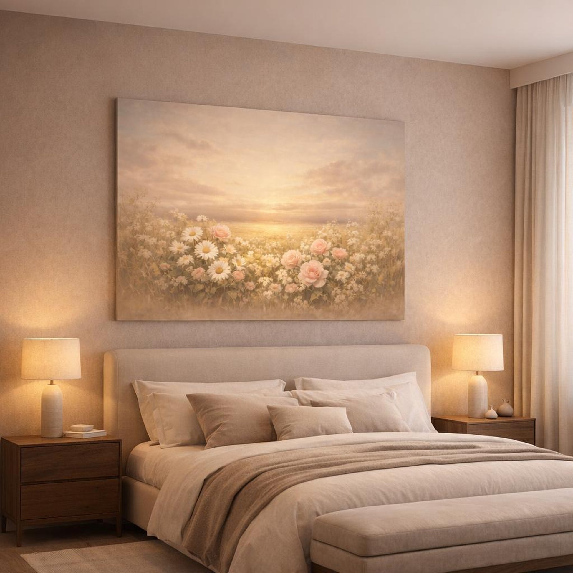 Floral Golden Horizon shown as canvas wall art in a luxury bedroom