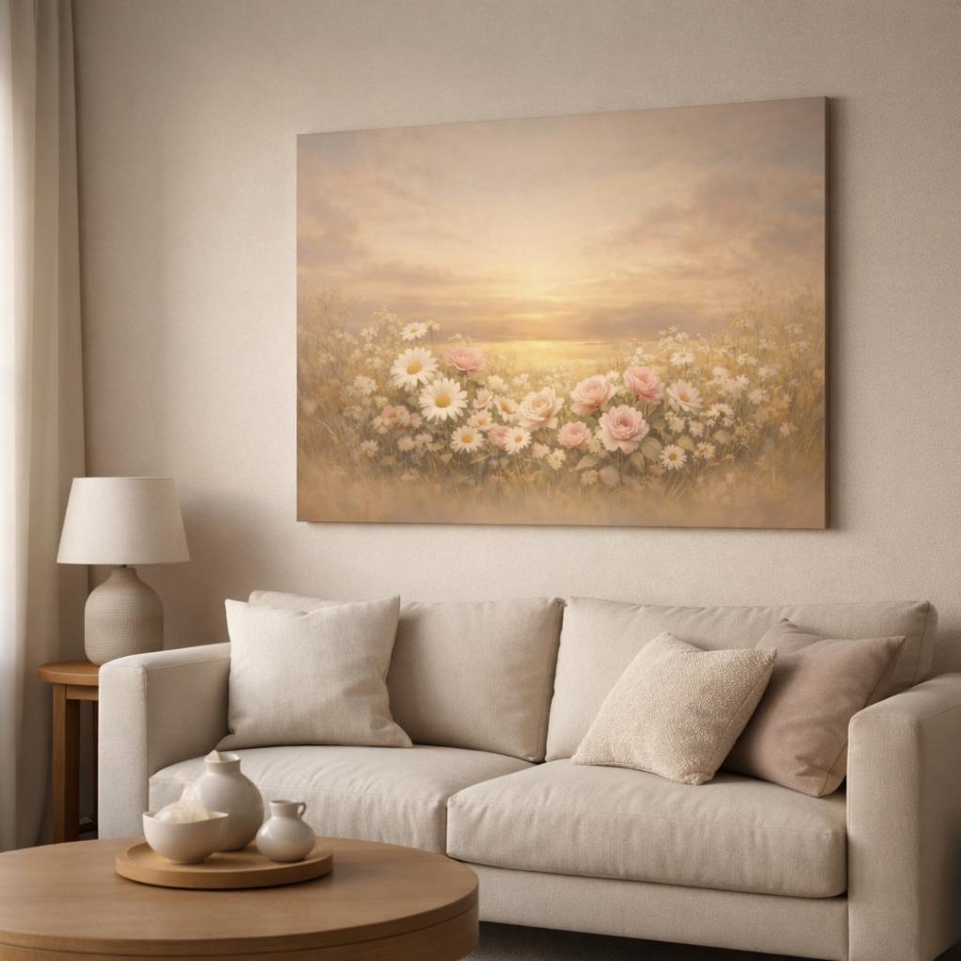 Floral Golden Horizon shown as canvas wall art in a modern living room