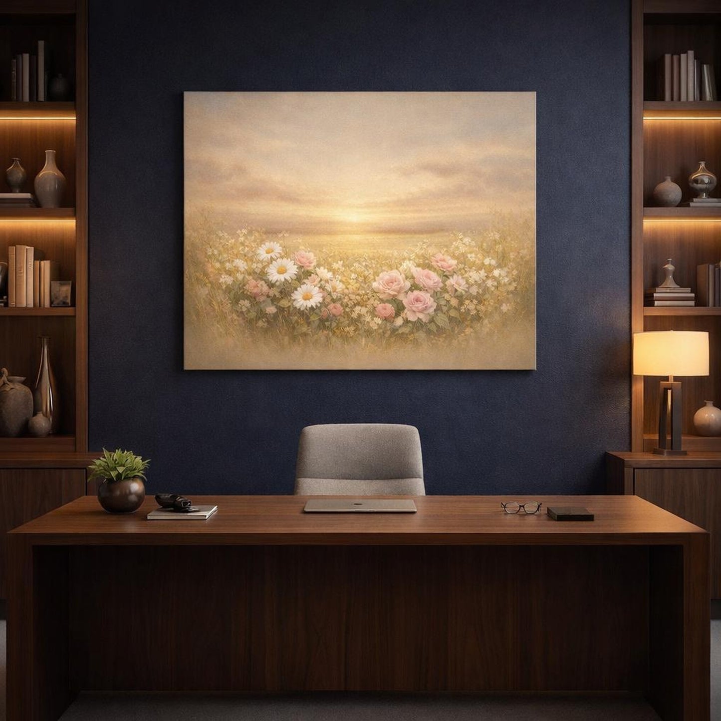 Floral Golden Horizon shown as canvas wall art in a refined dining room