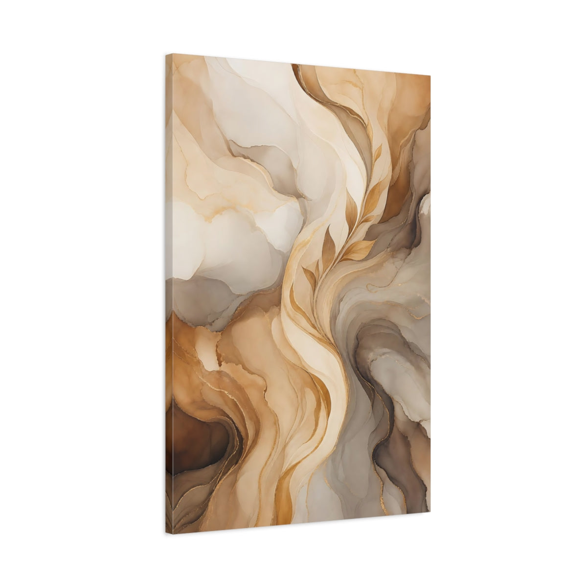 Main Mockup. Floral Golden Leaves Brown And Gold Abstract shown as stretched canvas wall art