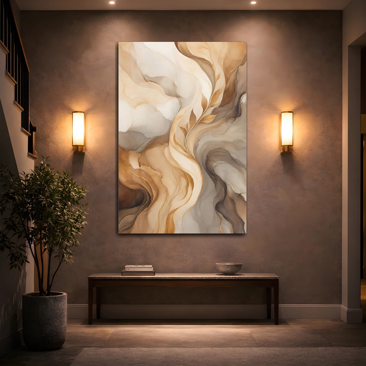 Mockup 2. Floral Golden Leaves Brown And Gold Abstract shown as stretched canvas wall art