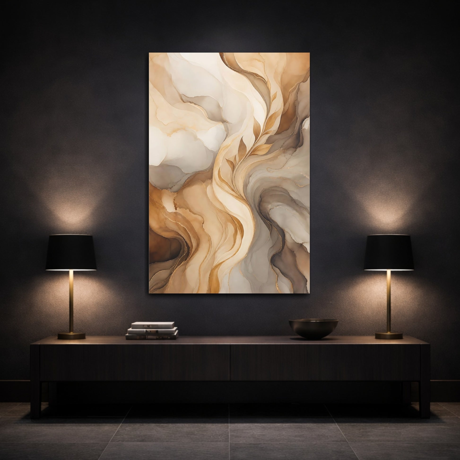 Mockup 3. Floral Golden Leaves Brown And Gold Abstract shown as stretched canvas wall art