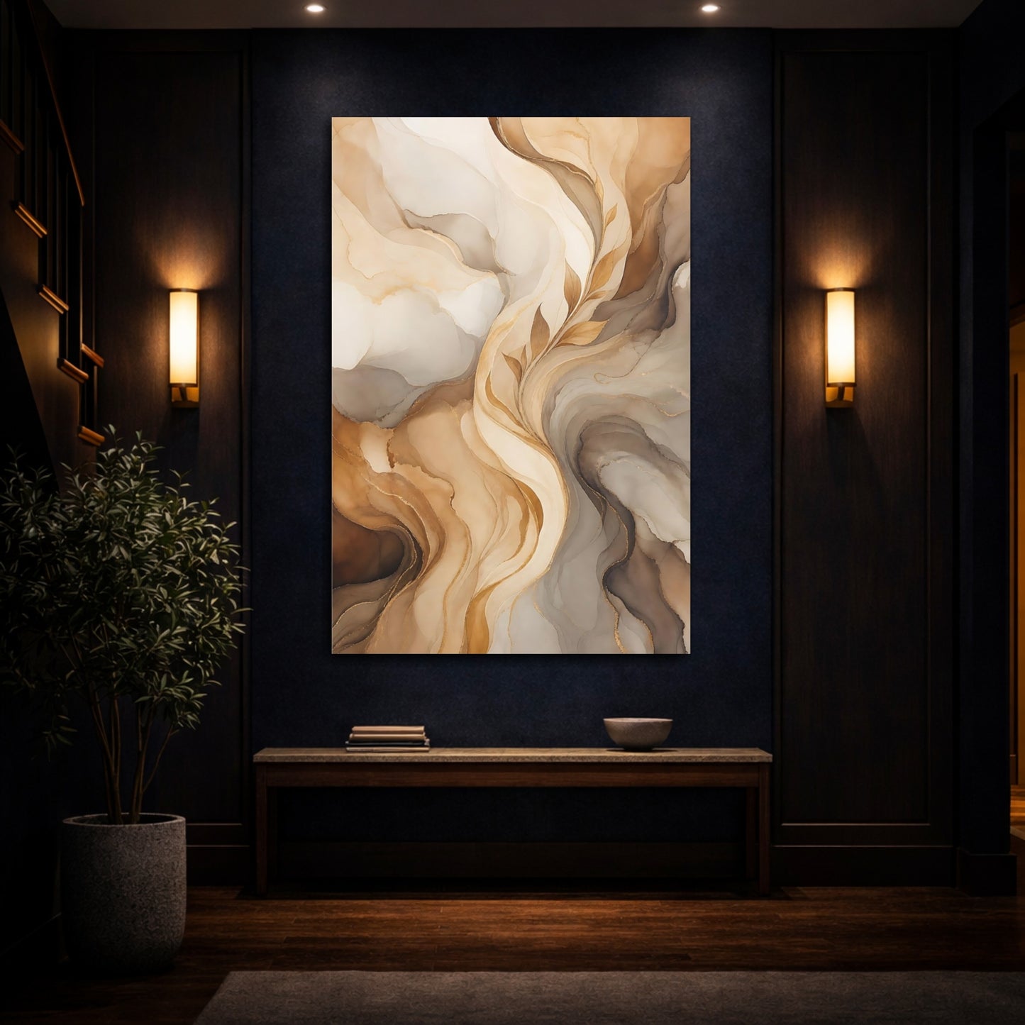 Mockup 4. Floral Golden Leaves Brown And Gold Abstract shown as stretched canvas wall art