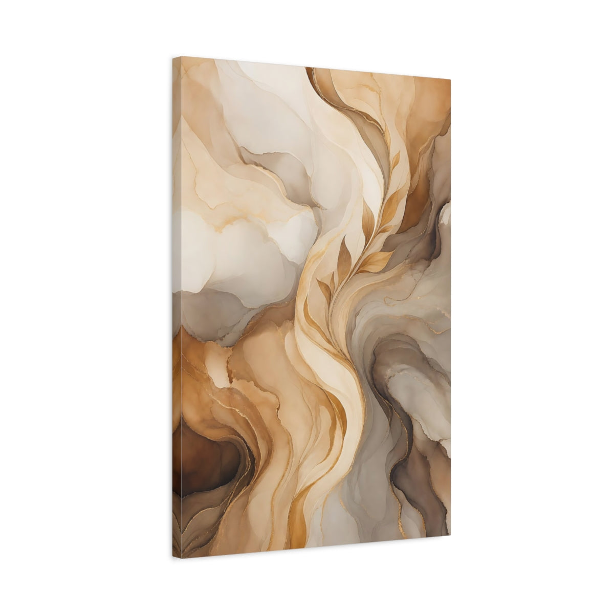 Side Mockup 2. Floral Golden Leaves Brown And Gold Abstract shown as stretched canvas wall art