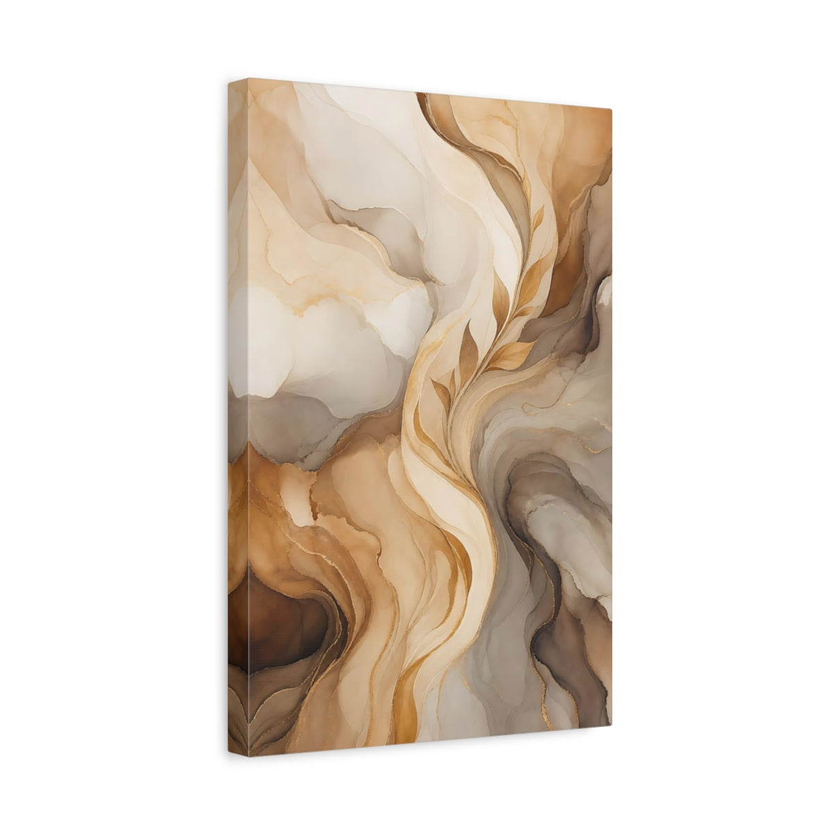 Side Mockup 4. Floral Golden Leaves Brown And Gold Abstract shown as stretched canvas wall art