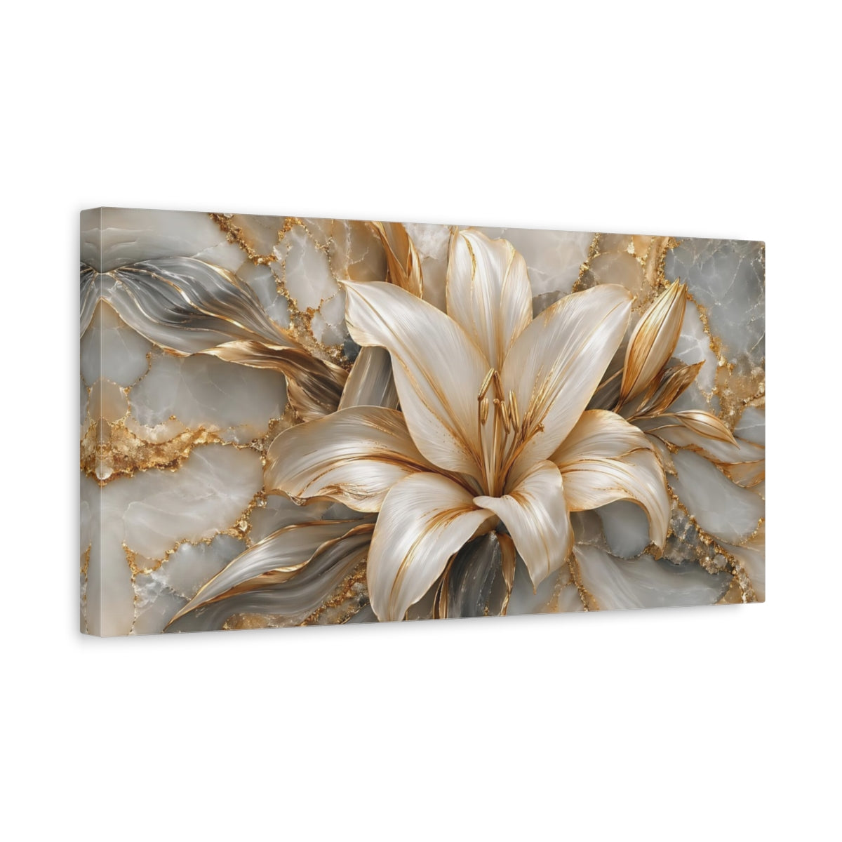 Side Mockup 3. Floral Golden Lily Gold White Marble shown as stretched canvas wall art