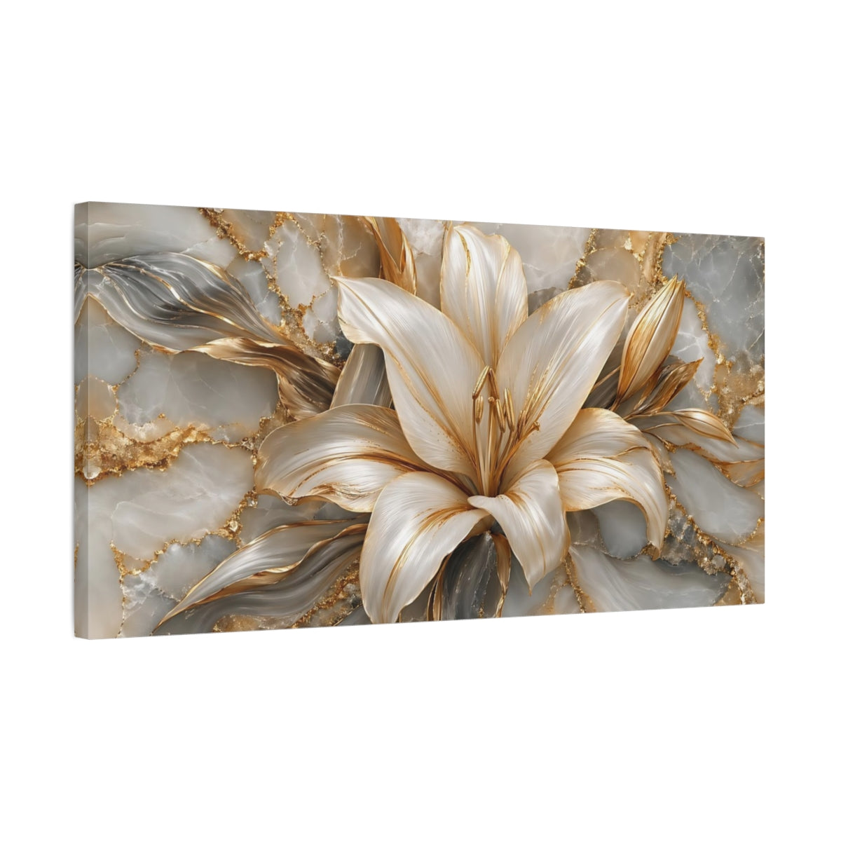 Side Mockup 1. Floral Golden Lily Gold White Marble shown as stretched canvas wall art