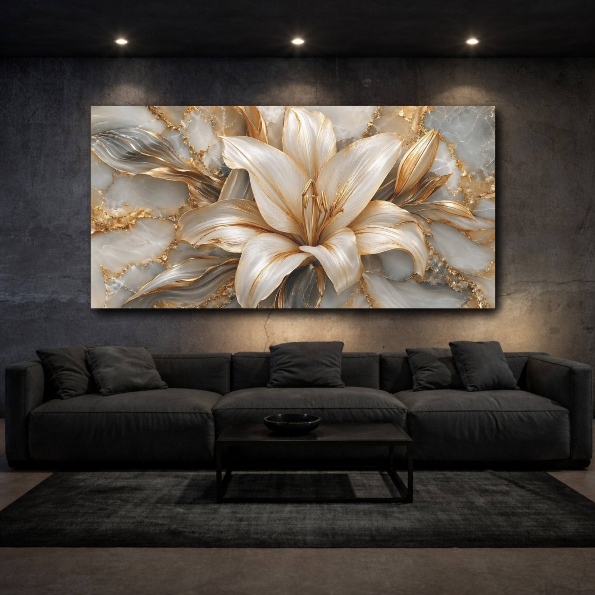 Mockup 2. Floral Golden Lily Gold White Marble shown as stretched canvas wall art