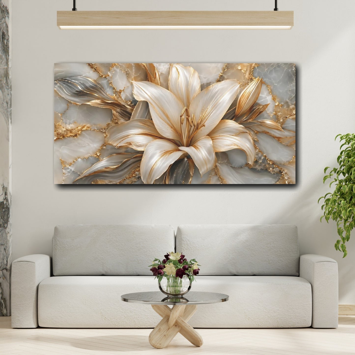 Mockup 3. Floral Golden Lily Gold White Marble shown as stretched canvas wall art