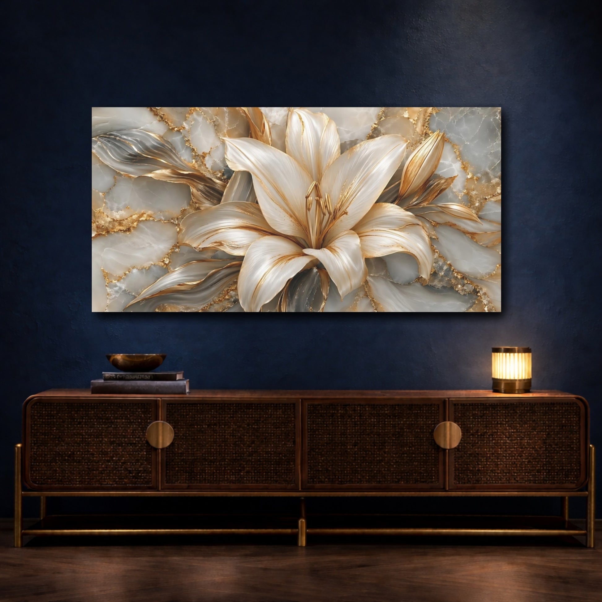 Mockup 4. Floral Golden Lily Gold White Marble shown as stretched canvas wall art