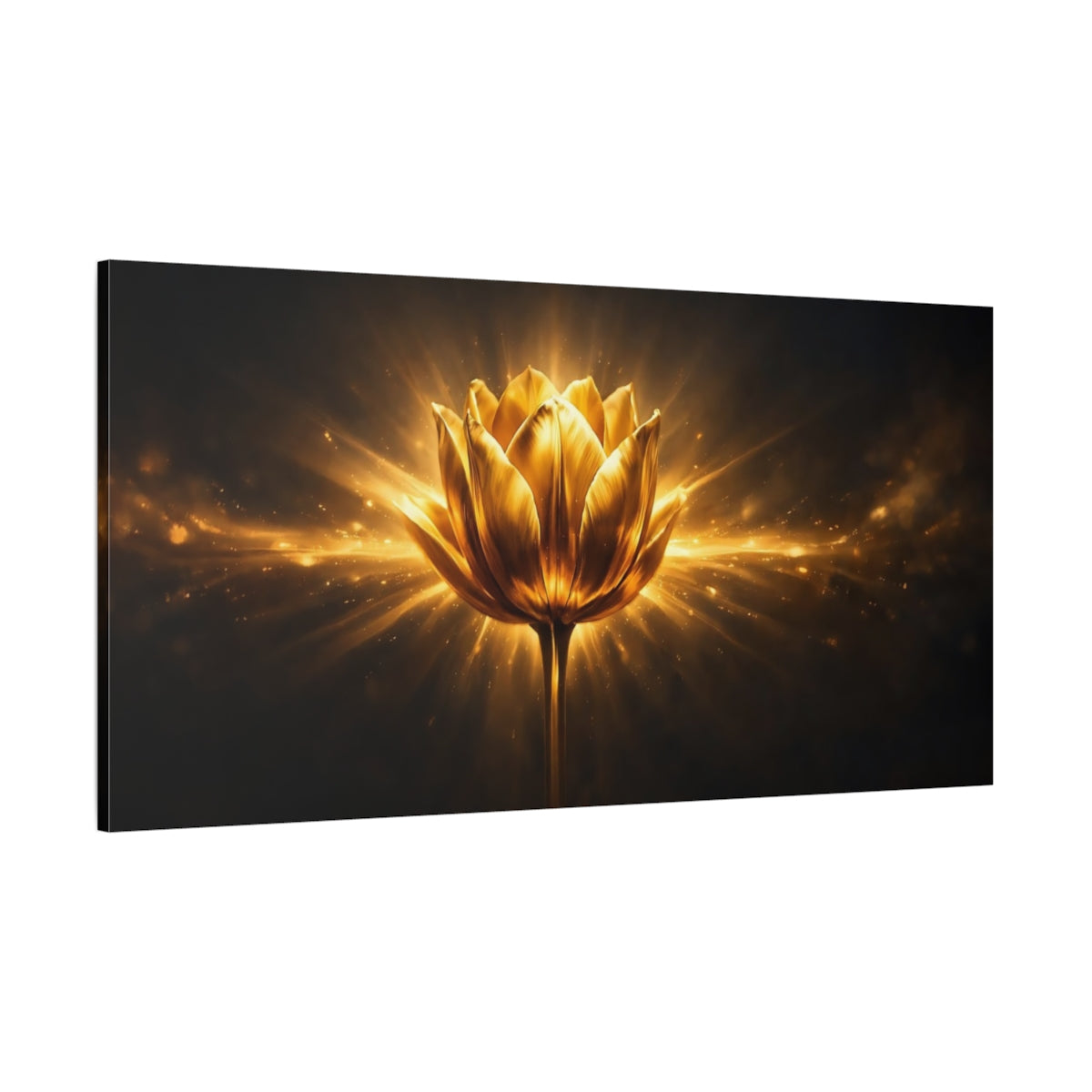 Main Mockup. Floral Golden Lotus Gold And Black shown as stretched canvas wall art