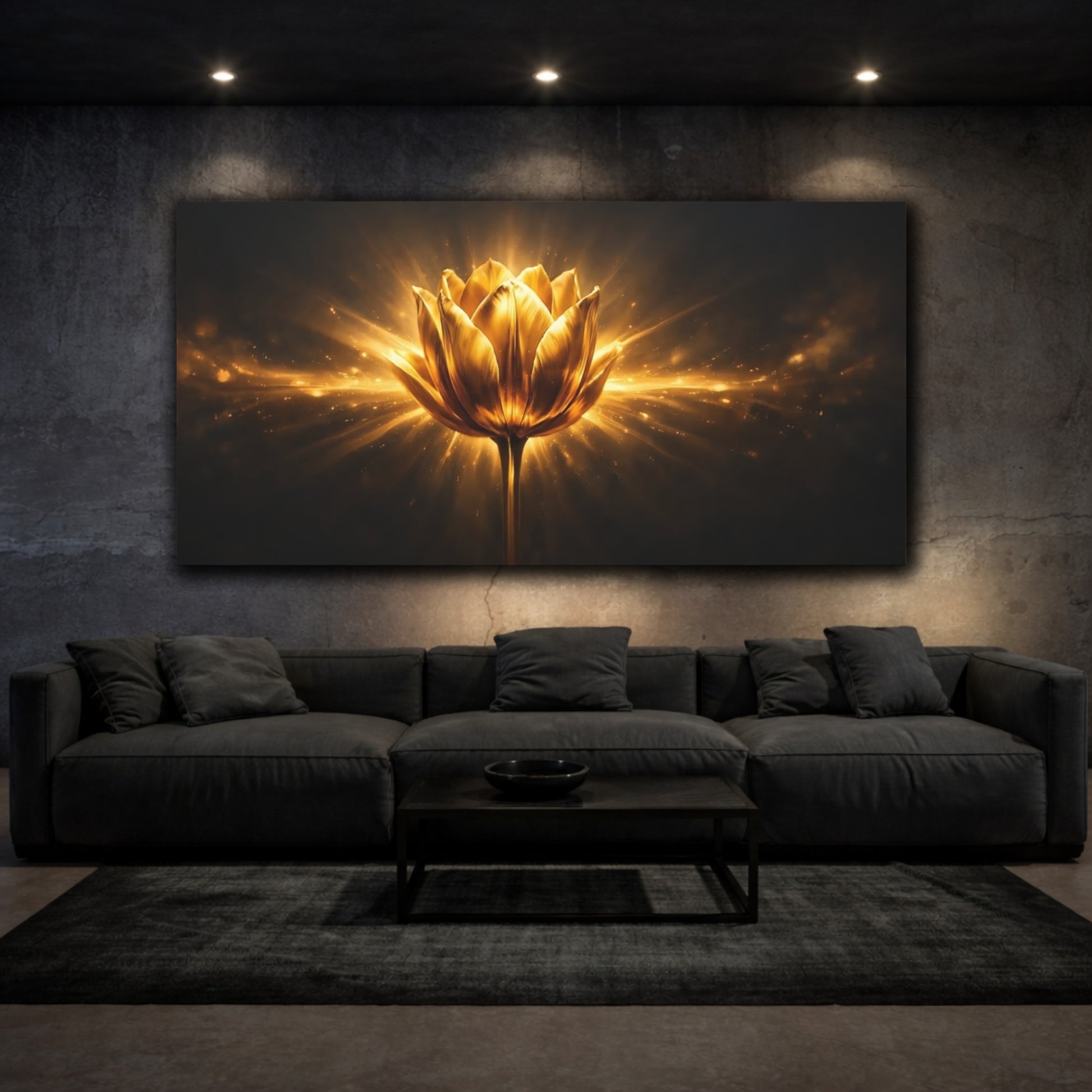 Mockup 2. Floral Golden Lotus Gold And Black shown as stretched canvas wall art