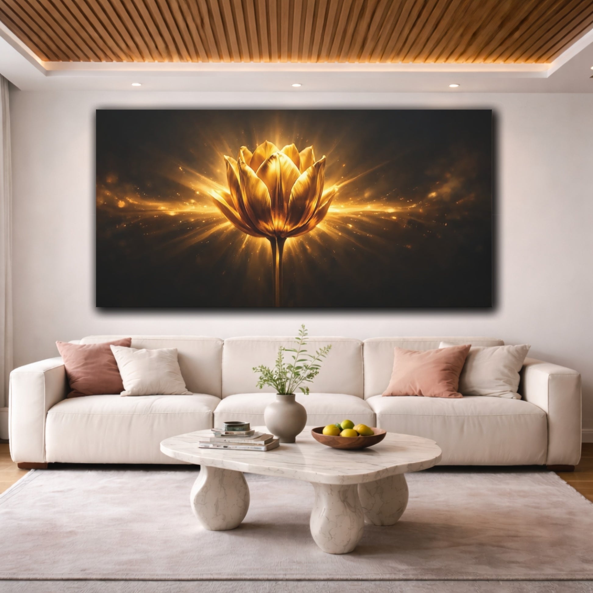 Mockup 3. Floral Golden Lotus Gold And Black shown as stretched canvas wall art