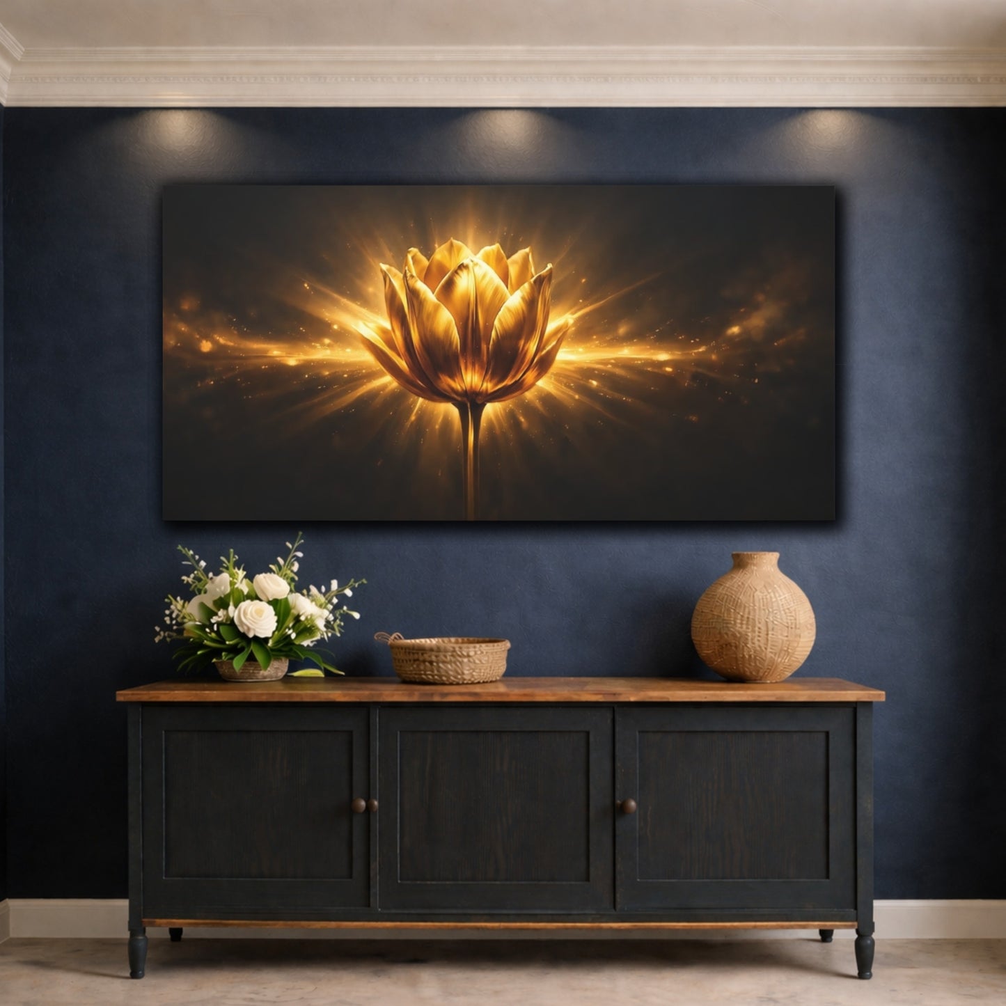 Mockup 4. Floral Golden Lotus Gold And Black shown as stretched canvas wall art