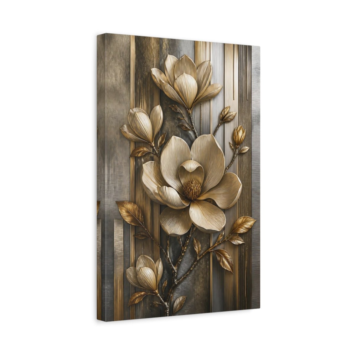 Floral Golden Magnolia Gold And Gray Canvas Print – Luxury Decor for Living Room, Above Fireplace - YesArtYes