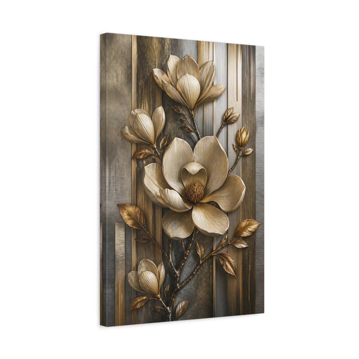 Floral Golden Magnolia Gold And Gray Canvas Print – Luxury Decor for Living Room, Above Fireplace - YesArtYes