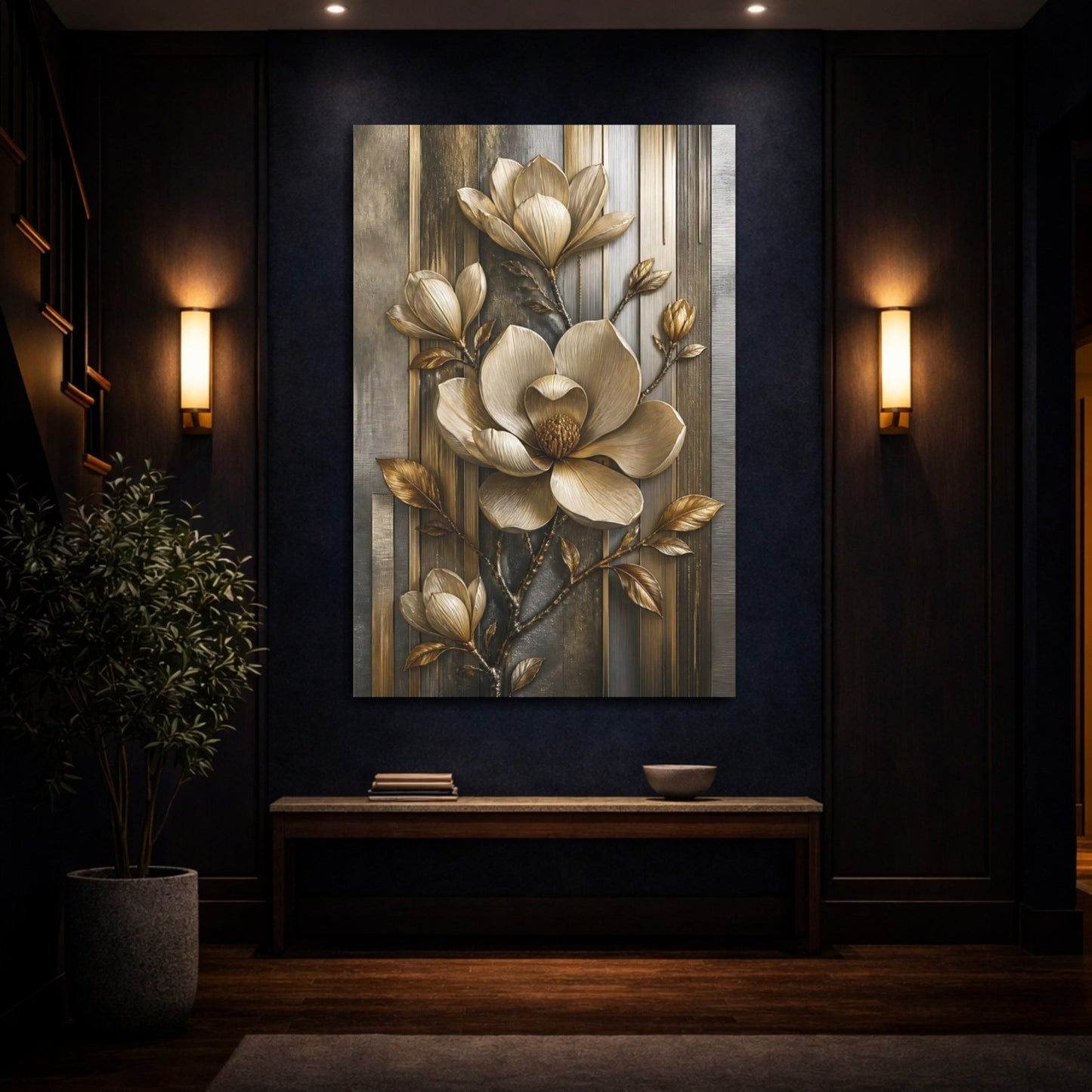 Floral Golden Magnolia Gold And Gray Canvas Print – Luxury Decor for Living Room, Above Fireplace - YesArtYes