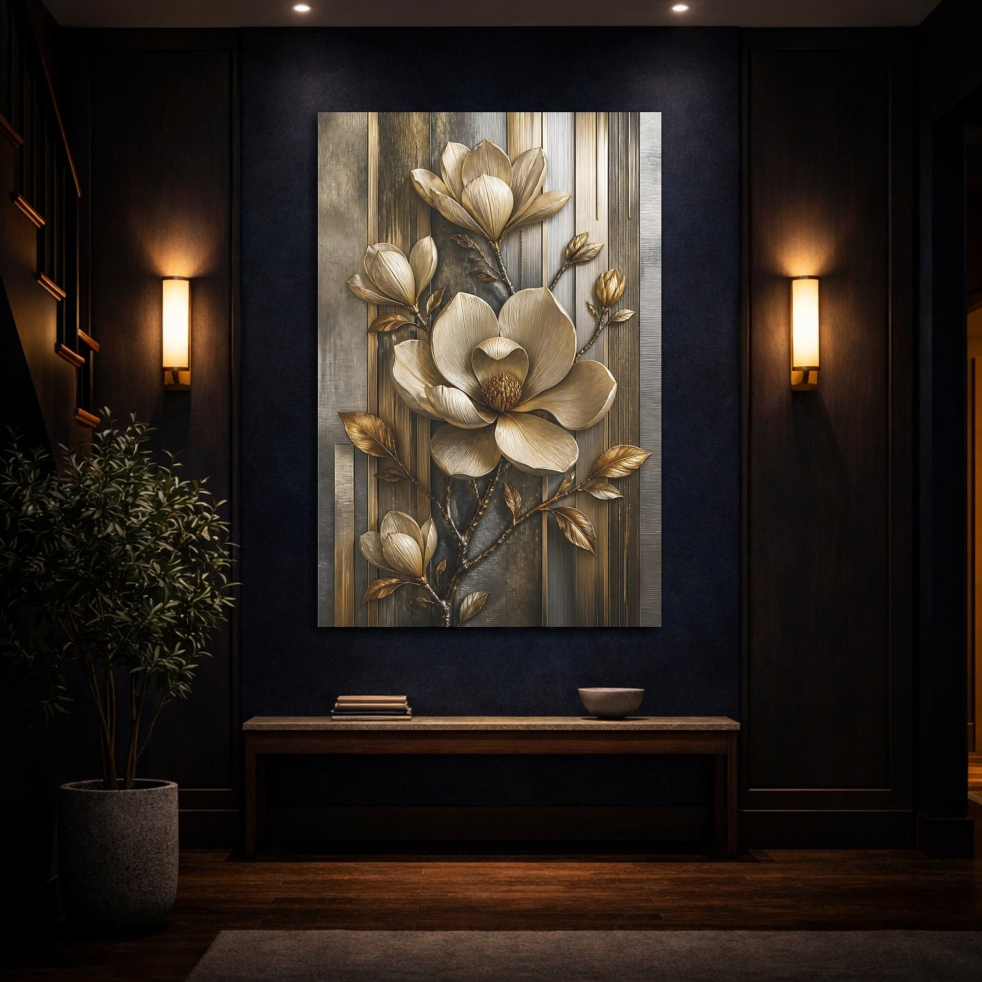 Floral Golden Magnolia Gold And Gray Canvas Print – Luxury Decor for Living Room, Above Fireplace - YesArtYes