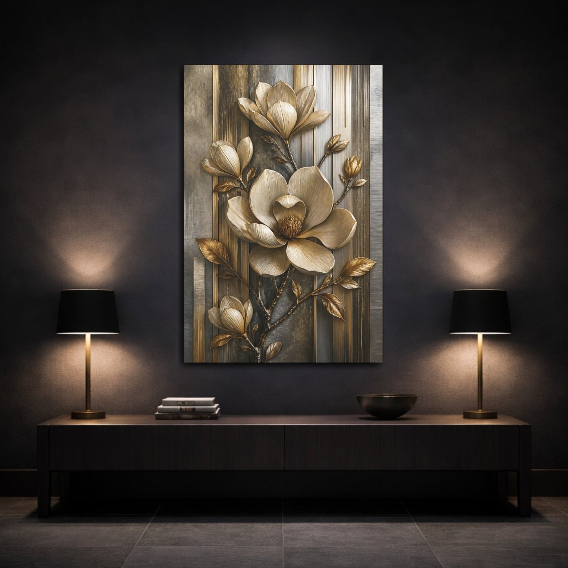 Floral Golden Magnolia Gold And Gray Canvas Print – Luxury Decor for Living Room, Above Fireplace - YesArtYes
